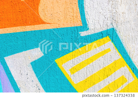 Abstract Geometric Urban Graffiti Wall - Bright Orange, Blue, Yellow, White Colors, 90s Street Style 137324338