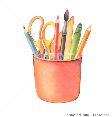 Cup with stationery: scissors, pencils, marker, ruler, brush. Hand-painted watercolor illustration isolated on white for school branding, education material, office design, planners, poster, packaging 137324344