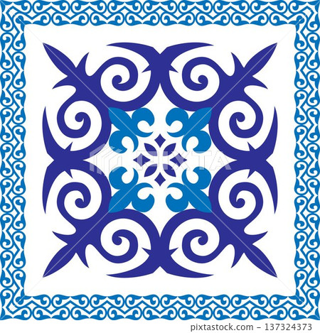 Square design blue traditional kazakh central asian ornamental patterns, including swirls and floral elements, enclosed by an intricate border. Pattern for Square surfaces, tile, textile, embroidery,  137324373