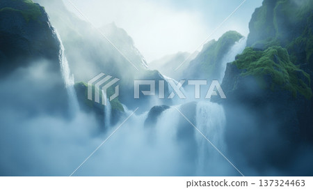 Majestic waterfalls cascade down rocky cliffs, surrounded by mist and greenery. serene atmosphere evokes sense of tranquility and wonder 137324463