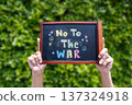 Hands Holding No To The War Chalkboard Sign Outdoors 137324918