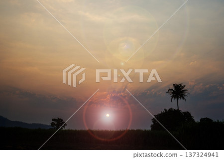 The stunning clouds and sky at sunrise create a magnificent display of colors. 137324941