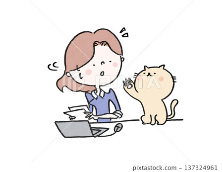 一隻可愛的貓咪向一位忙碌的女士伸出爪子，幫助她解決燃眉之急（諺語，商業） 137324961