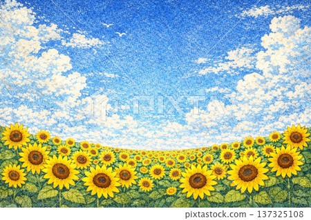 盛開的向日葵，藍天，大地，沙畫風格 137325108