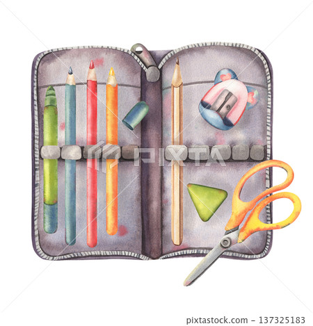 Pencil case, pencils, marker, sharpener, scissors, eraser. Hand-painted watercolor illustration isolated on white for back to school design, education materials, stationery branding, poster, packaging 137325183
