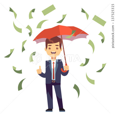 Businessman with red umbrella under money rain. Falling dollar bills 137325315