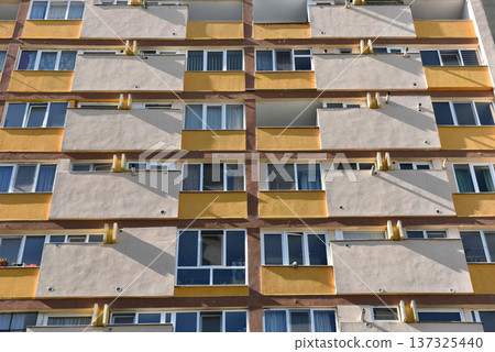 Suburban neighborhood built in communism. Post Soviet concrete flat of blocks Suburban neighborhood built in communism. Post Soviet concrete flat of blocks 137325440
