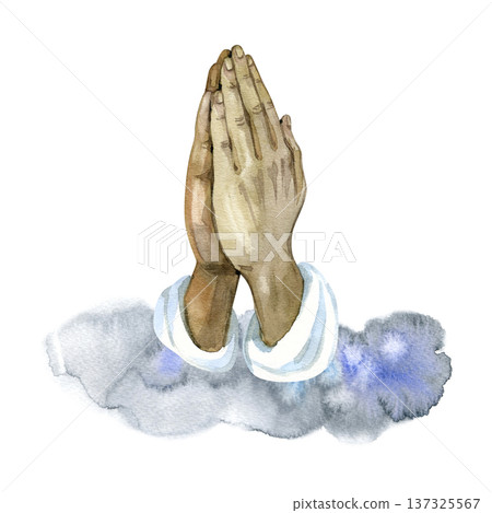 Hand drawn watercolor illustration of hands held together in prayer, emerging from soft clouds. This ethereal spiritual image symbolizes faith, hope, and divine communication with gentle blue and grey 137325567