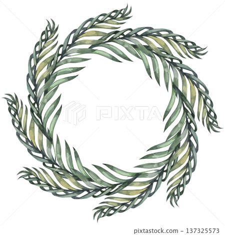 Hand drawn watercolor illustration of a lush palm leaf wreath. This tropical circular frame features elegant green and yellow fronds, perfect for botanical designs and symbolic religious themes. Hand drawn watercolor illustration of a lush palm leaf wreath. This tropical circular frame features elegant green and yellow fronds, perfect for botanical designs and symbolic religious themes. 137325573