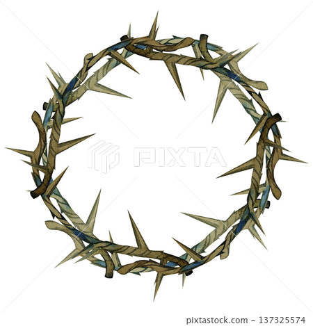 Hand drawn watercolor illustration of a crown of thorns arranged in a circular wreath. This religious symbol of faith and sacrifice features detailed brown branches and sharp thorns with artistic blue Hand drawn watercolor illustration of a crown of thorns arranged in a circular wreath. This religious symbol of faith and sacrifice features detailed brown branches and sharp thorns with artistic blue 137325574