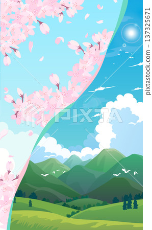 春日櫻花盛開，夏日群山環繞的景色_豎圖 137325671