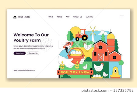 Flat Cartoon Hand Drawn Poultry Farm Landing Page Background Template 137325792