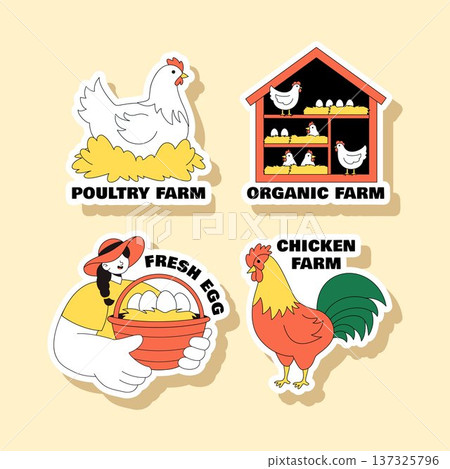 Poultry Farm Flat Cartoon Hand Drawn Social Media Label Template Illustration 137325796