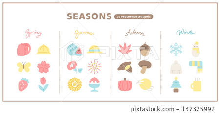 Pastel icon set for spring, summer, autumn and winter | Flat seasonal illustrations in gentle colors (vector) 137325992