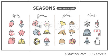 Hand-drawn icon set of spring, summer, autumn and winter | Muted color seasonal motif vector illustration Hand-drawn icon set of spring, summer, autumn and winter | Muted color seasonal motif vector illustration 137325994