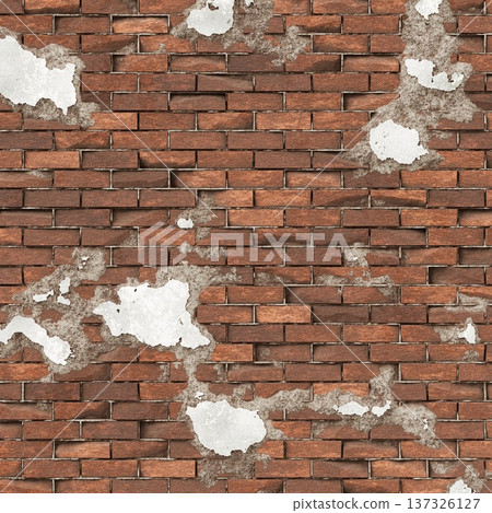 Damaged red brick wall texture with rough concrete and mortar. 3D rendering illustration Damaged red brick wall texture with rough concrete and mortar. 3D rendering illustration 137326127