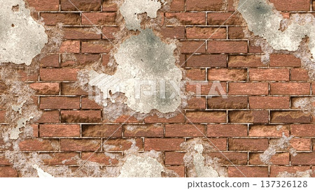 Grunge red brick wall texture with large peeling white plaster patches. 3D rendering illustration Grunge red brick wall texture with large peeling white plaster patches. 3D rendering illustration 137326128