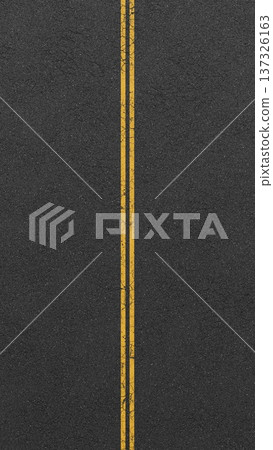 Vertical asphalt road texture with double yellow lines and cracks. 3D rendering illustration Vertical asphalt road texture with double yellow lines and cracks. 3D rendering illustration 137326163