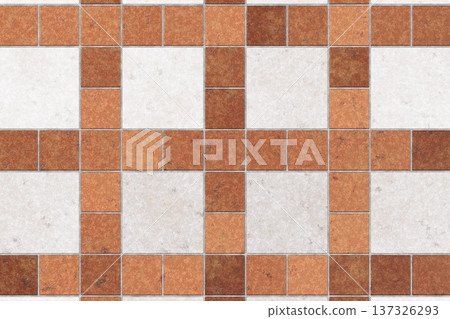 Geometric ceramic floor tiles pattern with orange and white squares for traditional interior decoration Geometric ceramic floor tiles pattern with orange and white squares for traditional interior decoration 137326293