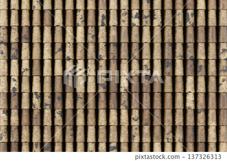 Yellow sand colored barrel roof tile texture top view for coastal architecture and villa construction 137326313