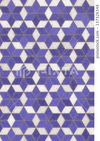 Blue and white geometric cube pattern floor tile texture with weathered vintage isometric mosaic design. Blue and white geometric cube pattern floor tile texture with weathered vintage isometric mosaic design. 137326348