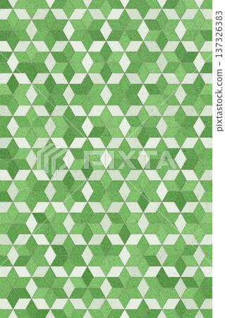 Green and white geometric cube pattern floor tile texture with weathered vintage isometric mosaic design. Green and white geometric cube pattern floor tile texture with weathered vintage isometric mosaic design. 137326383