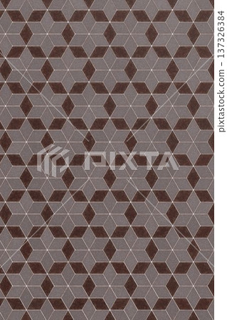 Brown and white geometric cube pattern floor tile texture with weathered vintage isometric mosaic design. Brown and white geometric cube pattern floor tile texture with weathered vintage isometric mosaic design. 137326384