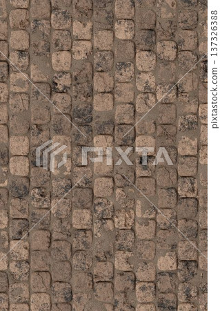 Weathered brown stone wall with rough textured cobblestone pattern for antique architectural background design. Weathered brown stone wall with rough textured cobblestone pattern for antique architectural background design. 137326388