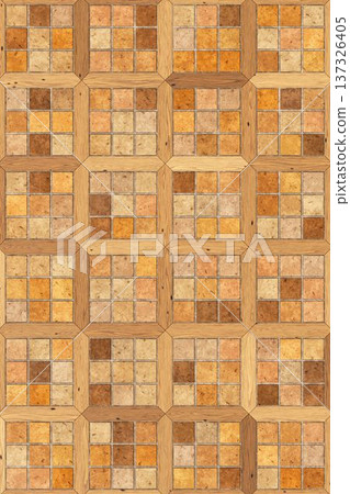 Decorative wood parquet floor texture with square ceramic stone tiles inlay pattern background illustration. 137326405
