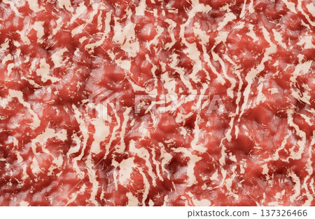 Raw marbled beef meat texture with red muscle fibers and white fat patterns background. 137326466