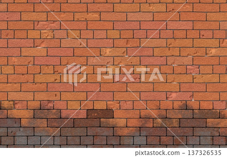 Red brick wall texture with dark damp lower section and weathered masonry background. Red brick wall texture with dark damp lower section and weathered masonry background. 137326535