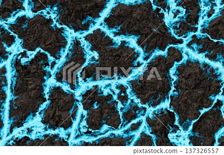 Mystical Glowing Blue Energy Cracks in Dark Volcanic Rock Surface Texture. Mystical Glowing Blue Energy Cracks in Dark Volcanic Rock Surface Texture. 137326557