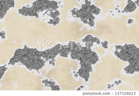 Peeling beige stucco revealing rough grey concrete stone wall texture. 137326623
