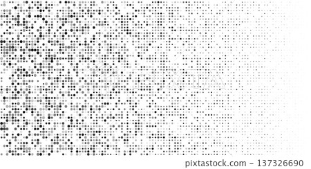 Halftone gradient pattern with fading dots. Smooth transition from white to black. Vector background with geometric pixel effect and subtle texture overlay. Lattice transition bg 137326690