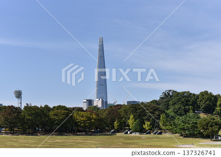 Lotte World Tower skyline view from Olympic Park in Seoul South Korea 137326741