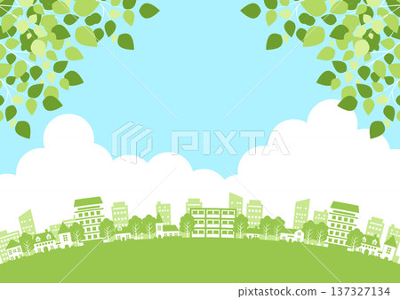 初夏郊區街景背景，可愛，簡潔，插畫，橫幅 137327134