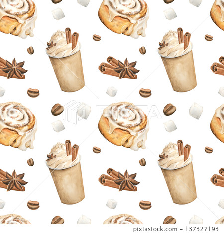 A seamless pattern featuring a cappuccino to-go coffee with whipped cream and cinnamon. The frappuccino is hand-painted in watercolor on a white background. Suitable for print, packaging, fabric. 137327193