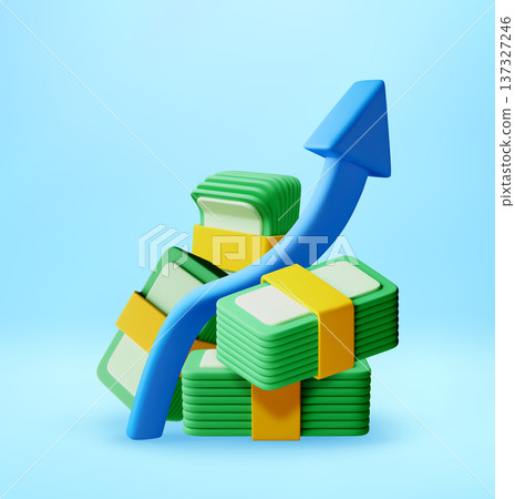 3D Blue arrow rising over stacked money bills 137327246