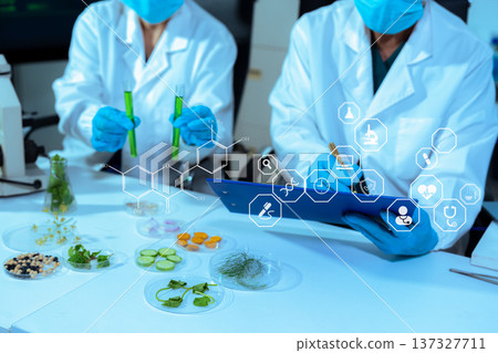 Eco laboratory microbiology. Sample in a Microscope and comparing a plant or herb in test tube or glassware. Natural product and organic cosmetic health care. Eco laboratory microbiology. Sample in a Microscope and comparing a plant or herb in test tube or glassware. Natural product and organic cosmetic health care. 137327711