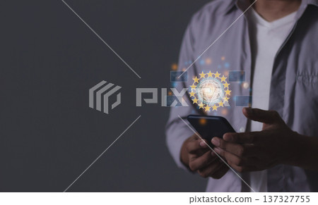 Young man hand using smartphone to Interconnect, Interconnected Concept; People connect via wireless internet in a world of digital technology and communications that connect freely around the world 137327755