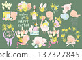 Cartoon Easter Set With Little Cartoon Angels, Ester Eggs and Flowers 137327845
