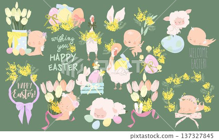Cartoon Easter Set With Little Cartoon Angels, Ester Eggs and Flowers Cartoon Easter Set With Little Cartoon Angels, Ester Eggs and Flowers 137327845
