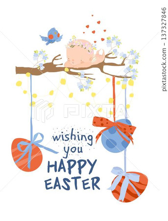 Card for Easter Day with Little Cartoon Angels and Ester Eggs Card for Easter Day with Little Cartoon Angels and Ester Eggs 137327846