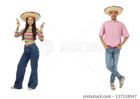 Young couple celebrates Cinco de Mayo with hats, PNG 137328047