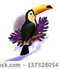 A colorful cartoon toucan with a vibrant beak perches on a tree branch, standing out against a white background. 137328054