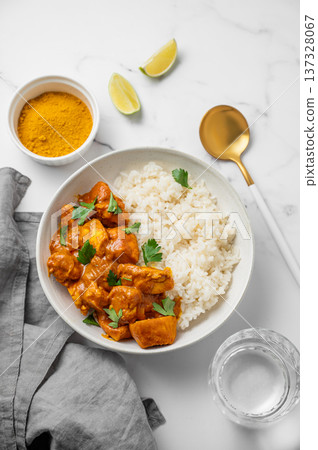 Chicken tikka masala curry with rice on marble background 137328067