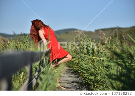 Woman with red hair in red dress walking through scenic natural wetland pathway Woman with red hair in red dress walking through scenic natural wetland pathway 137328252