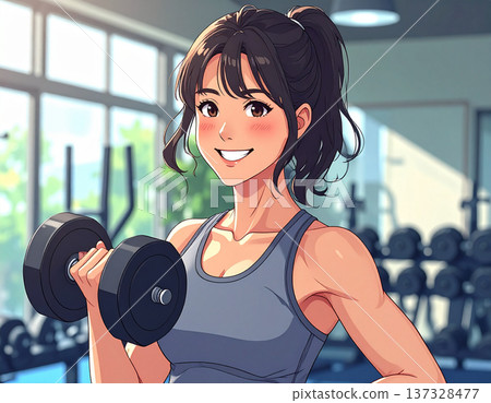 Young woman learning dumbbell exercises from gym trainer 137328477