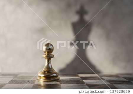 Golden pawn stands on checkered board. Shadow of king looms behind it. Strategic tension hangs in the air. Bold move awaits the next turn. Light highlights pawn's polished surface Golden pawn stands on checkered board. Shadow of king looms behind it. Strategic tension hangs in the air. Bold move awaits the next turn. Light highlights pawn's polished surface 137328639