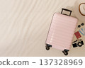 Top view of pink luggage suitcase with camera, hat, passport, boarding pass and sunglasses on floor. 137328969